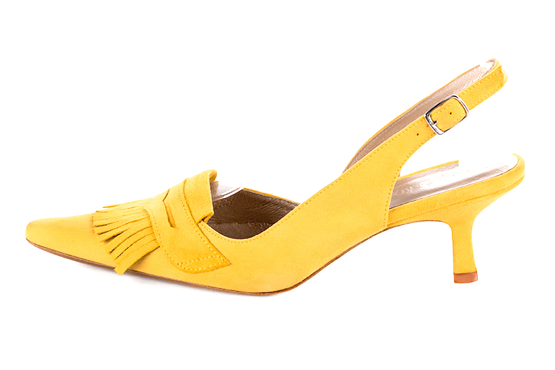 Chaussure femme à brides :  couleur jaune soleil. Bout pointu. Talon mi-haut bobine. Vue de profil - Florence KOOIJMAN