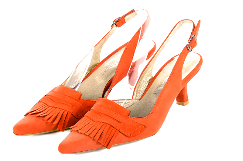 Chaussure femme à brides :  couleur orange clémentine. Bout pointu. Talon mi-haut bobine Vue avant - Florence KOOIJMAN