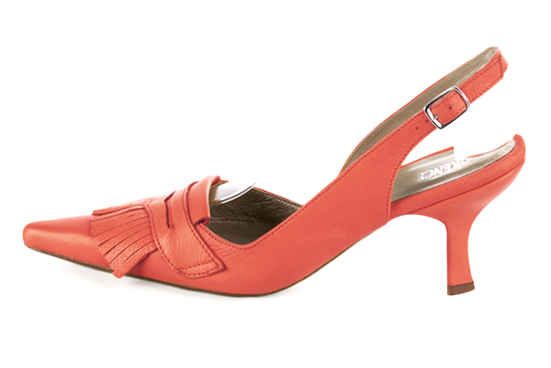 Chaussure femme à brides :  couleur orange saumon. Bout pointu. Talon haut bobine. Vue de profil - Florence KOOIJMAN