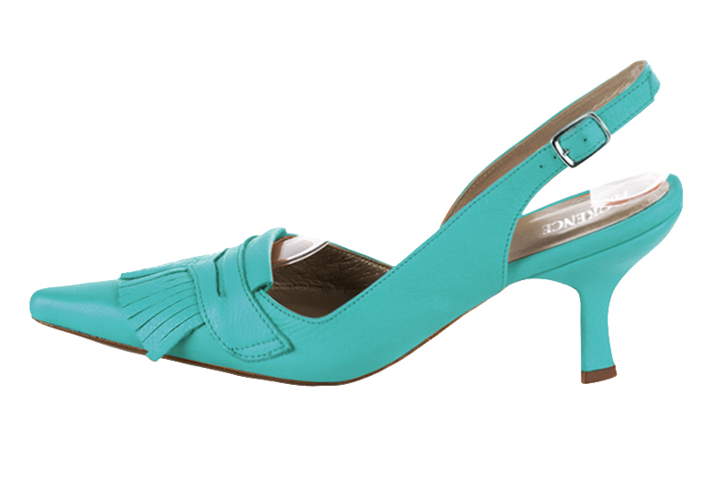Chaussure femme à brides :  couleur bleu lagon. Bout pointu. Talon haut bobine. Vue de profil - Florence KOOIJMAN