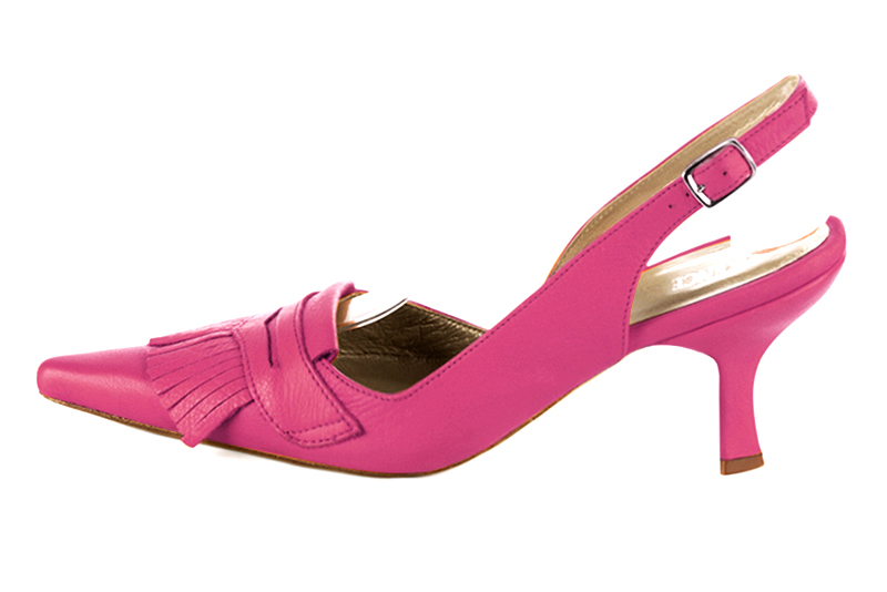 Chaussure femme à brides :  couleur rose fuchsia. Bout pointu. Talon haut bobine. Vue de profil - Florence KOOIJMAN