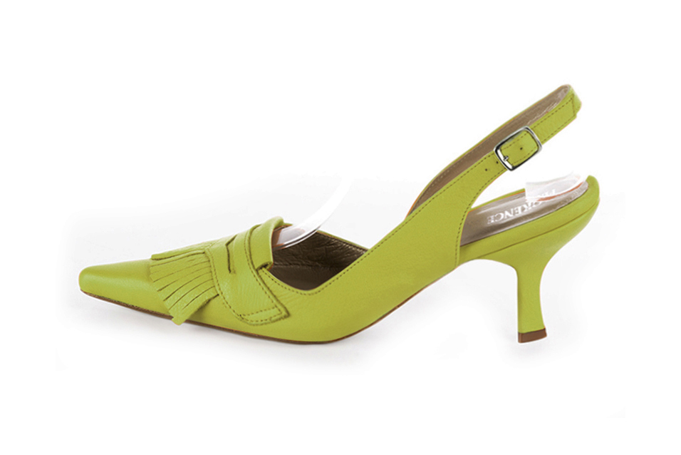 Escarpins habillés bride arrière cuir vert pistache à talon bobine de 7.5 cm et bout pointu - Vue de profil