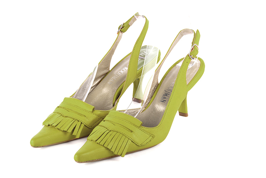 Escarpins habillés bride arrière cuir vert pistache à talon bobine de 7.5 cm et bout pointu - Vue avant