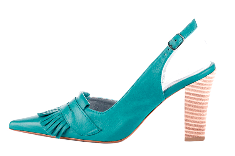 Chaussure femme à brides :  couleur bleu turquoise. Bout pointu. Talon haut trotteur. Vue de profil - Florence KOOIJMAN