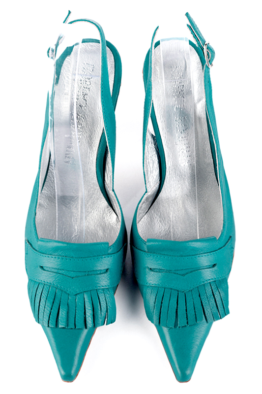 Chaussure femme à brides :  couleur bleu turquoise. Bout pointu. Talon haut trotteur. Vue du dessus - Florence KOOIJMAN