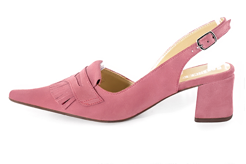 Chaussure femme à brides :  couleur rose camélia. Bout pointu. Talon mi-haut bottier. Vue de profil - Florence KOOIJMAN