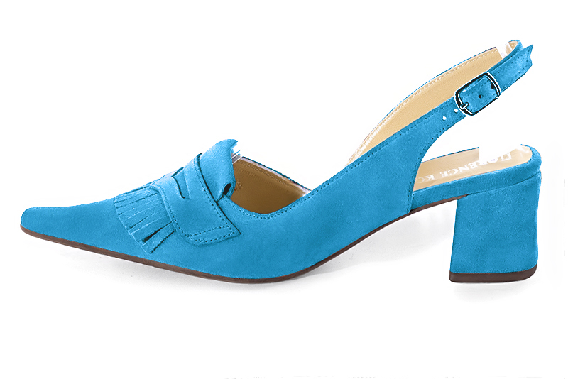 Chaussure femme à brides :  couleur bleu turquoise. Bout pointu. Talon mi-haut bottier. Vue de profil - Florence KOOIJMAN