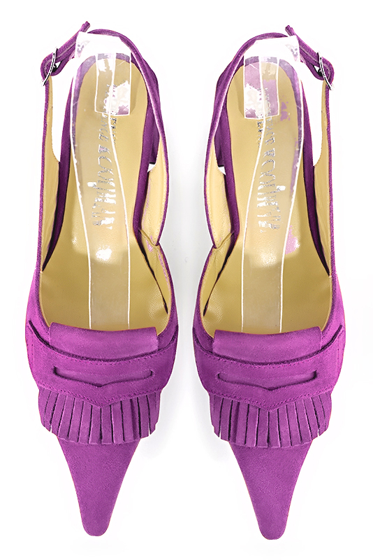 Chaussure femme à brides :  couleur violet mauve. Bout pointu. Talon mi-haut bottier. Vue du dessus - Florence KOOIJMAN