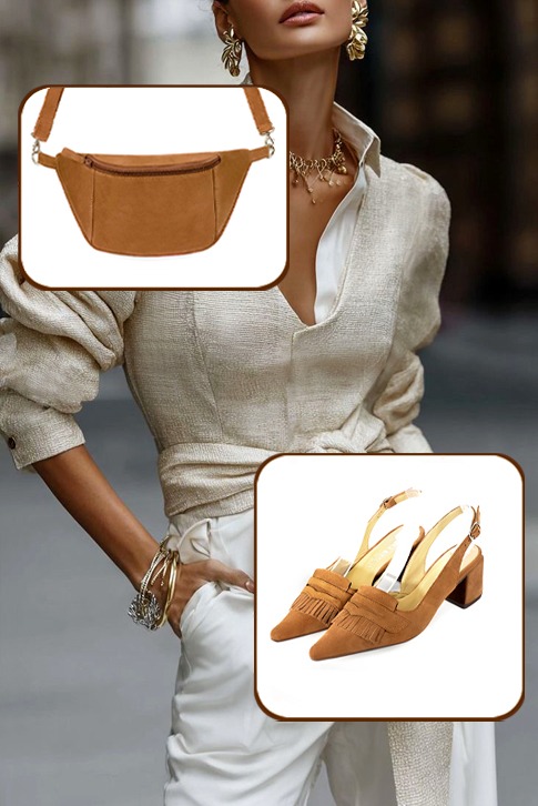 Escarpins habillés bride arrière en cuir beige camel à talon bottier de 5.5 cm et bout pointu - Vue du dessus