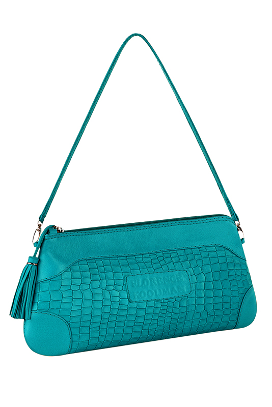 Escarpins habillés, élégants et raffinés, avec une bride à l'arrière, coloris bleu turquoise. Bout pointu. Haut. Talon trotteur. Cérémonie, soirée, cocktail, évènementiel. Personnalisation : Choix des cuirs, 
                des couleurs et des talons. Petites et grandes pointures. - Florence KOOIJMAN