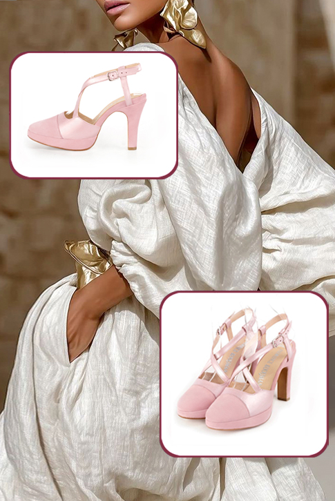 Chaussures brides croisées femme ouvertes à l'arrière rose pâle. Bout rond. Talon fin de 10.5 cm avec une plateforme de 2 cm à l'avant - Vue porté