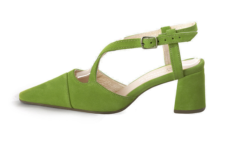 Chaussure femme à brides : Chaussure arrière ouvert avec des brides croisées couleur vert anis. Bout effilé. Talon mi-haut évasé. Vue de profil - Florence KOOIJMAN