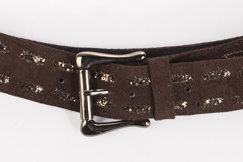 Elégante ceinture femme sur mesure marron chocolat et vieil or - Vue avant
