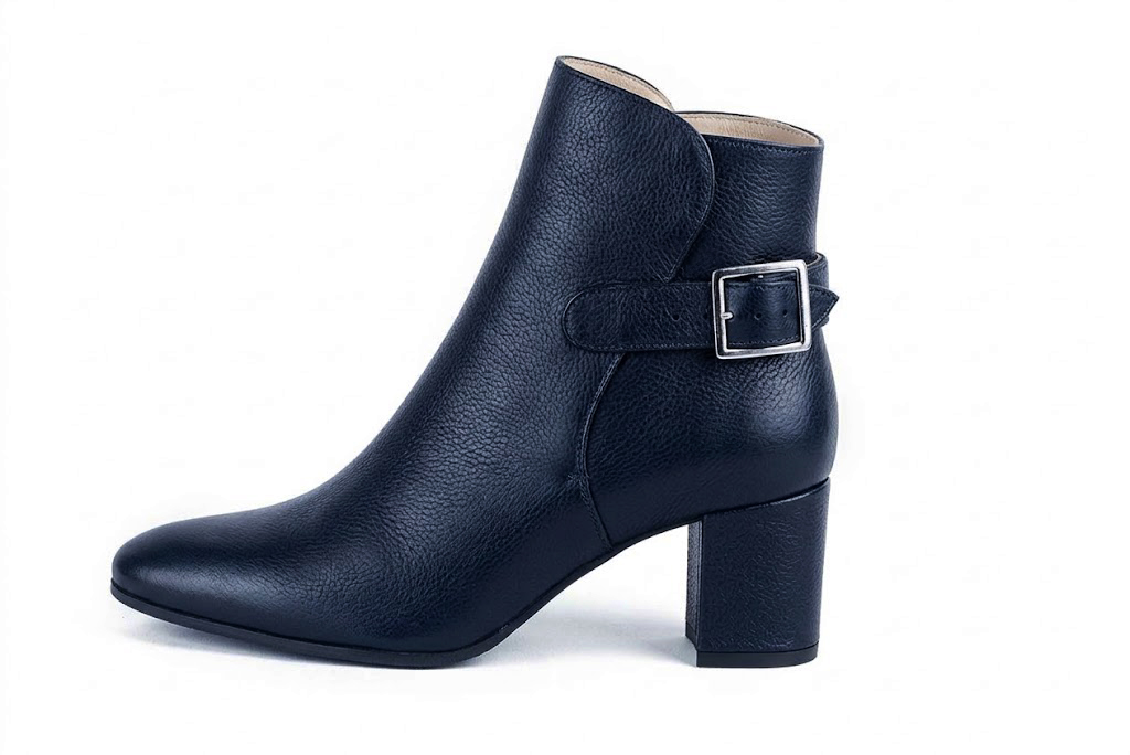 Bottines bride boucle sur l'arrière pour femme en cuir bleu marine avec bout rond et talon bottier de 5.5 cm - Vue de profil