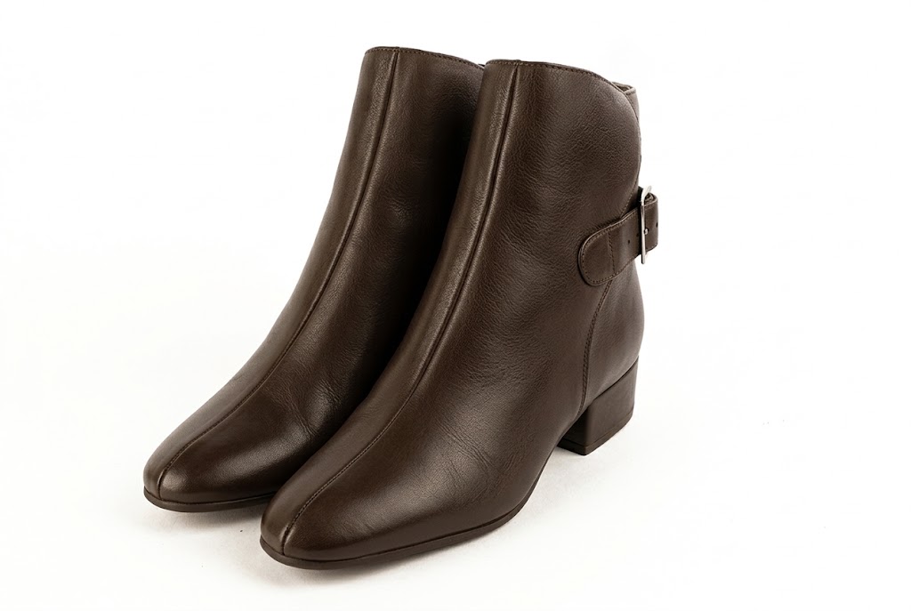 Bottines bride boucle sur l'arrière pour femme en cuir marron foncé avec bout rond et talon bottier de 3.5 cm - Vue avant