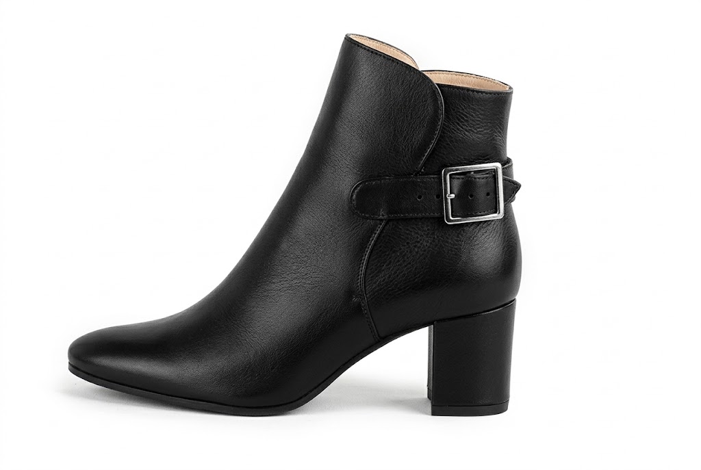 Bottines bride boucle sur l'arrière pour femme en cuir noir avec bout rond et talon bottier de 5.5 cm - Vue de profil