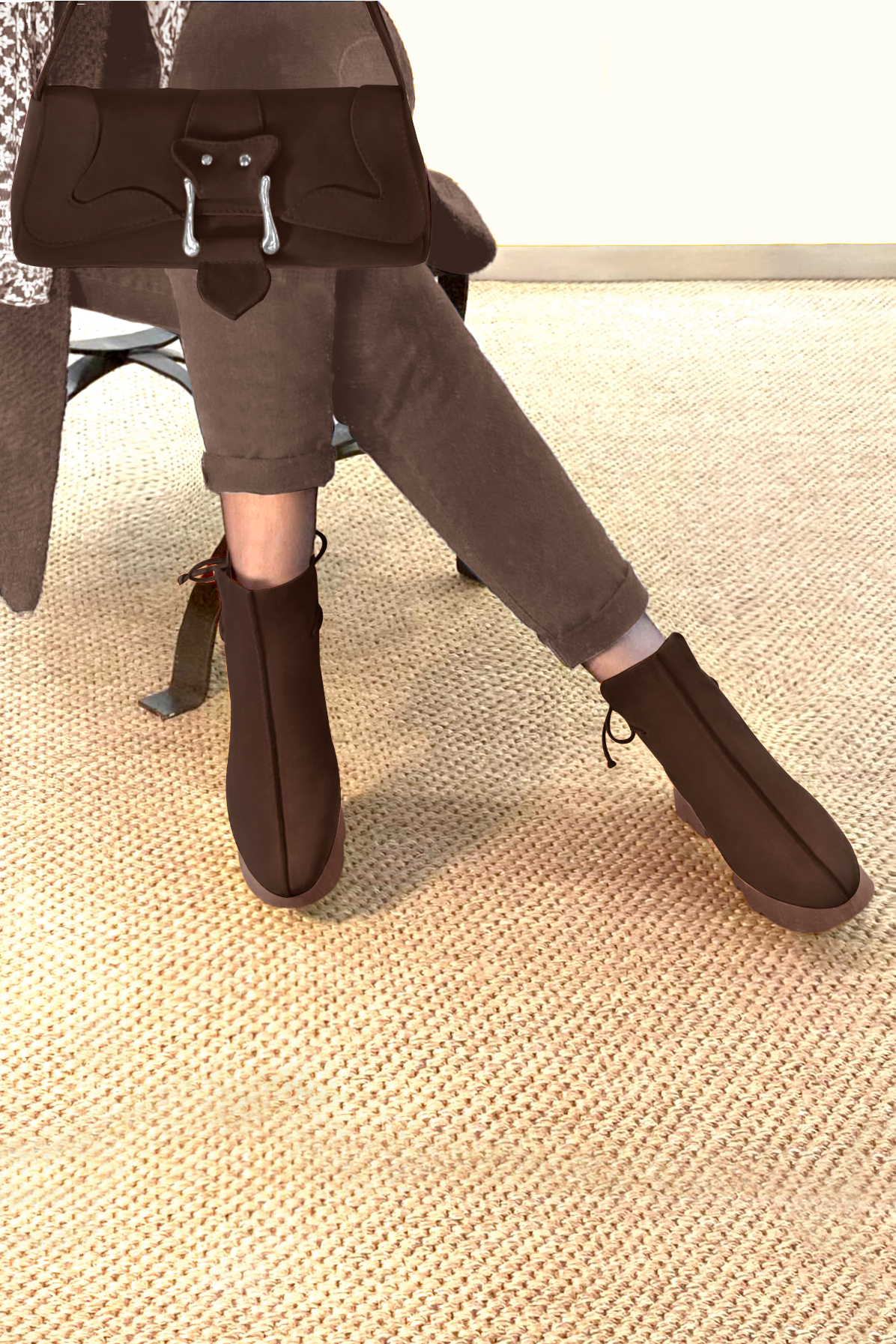 Boots femme : Bottines lacets à l'arrière couleur marron ébène. Bout rond. Semelle gomme petit talon. Vue du dessus - Florence KOOIJMAN