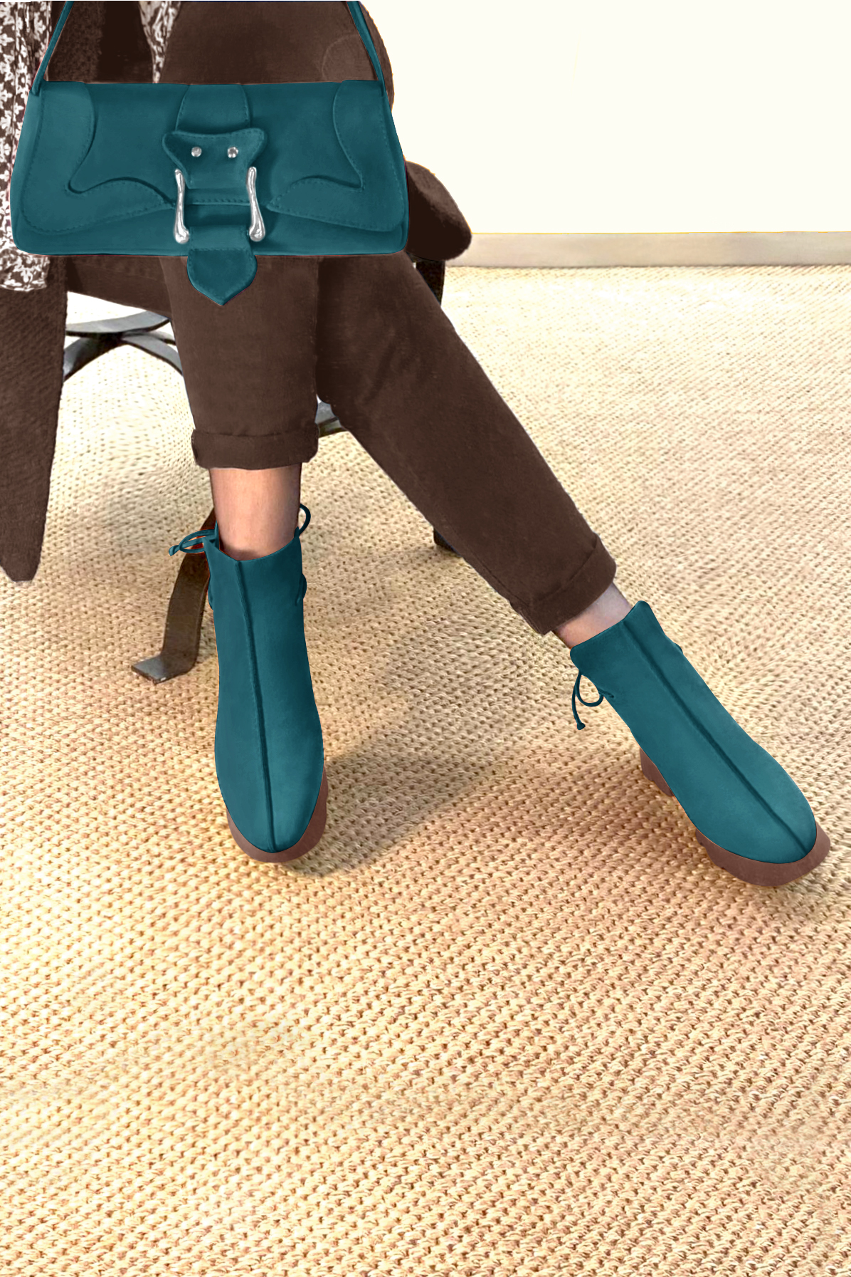 Boots femme : Bottines lacets à l'arrière couleur bleu canard. Bout rond. Semelle gomme petit talon. Vue du dessus - Florence KOOIJMAN