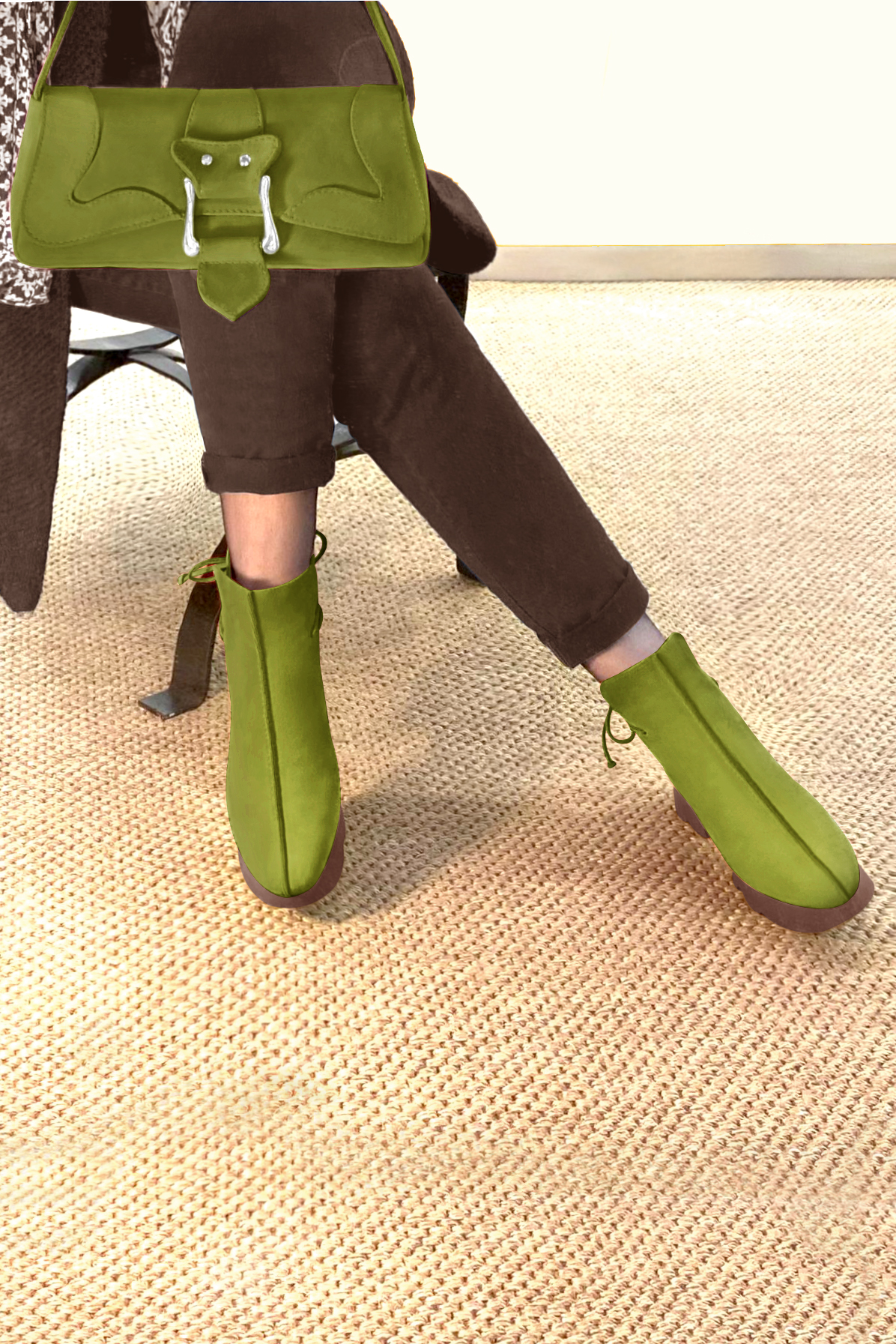Boots femme : Bottines lacets à l'arrière couleur vert pistache. Bout rond. Semelle gomme petit talon. Vue du dessus - Florence KOOIJMAN