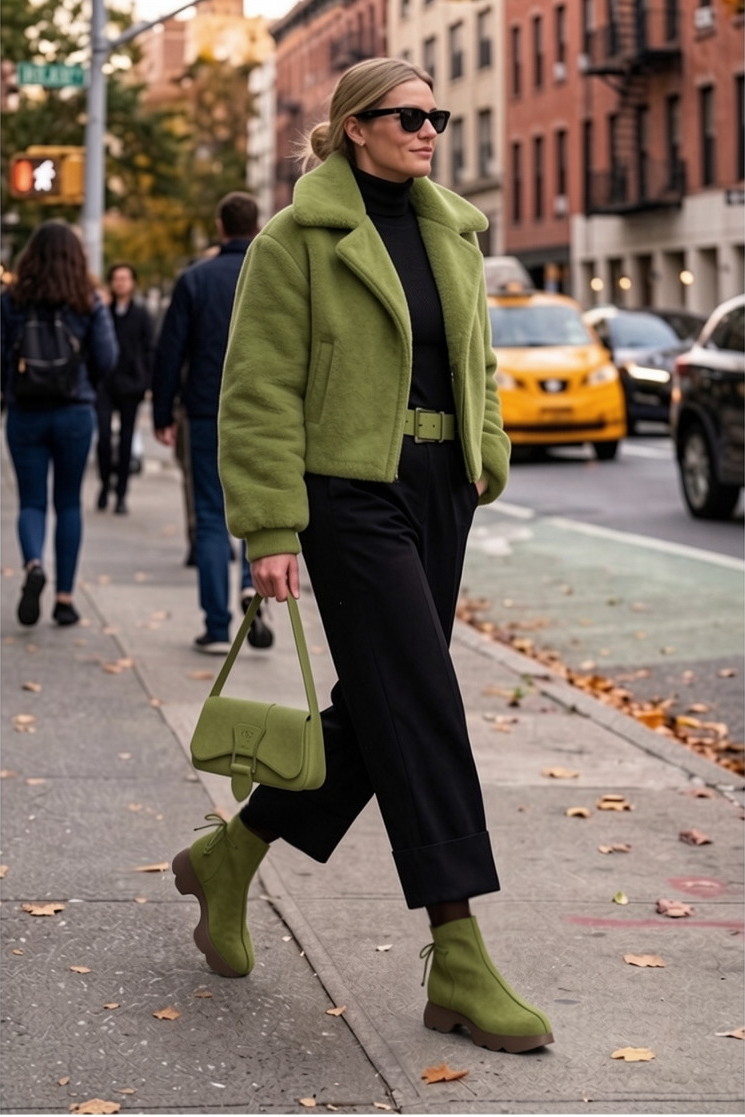 Bottines à laçage arrière pour femme en cuir vert pistache avec bout rond et semelle épaisse et sculpturale en gomme - Vue porté