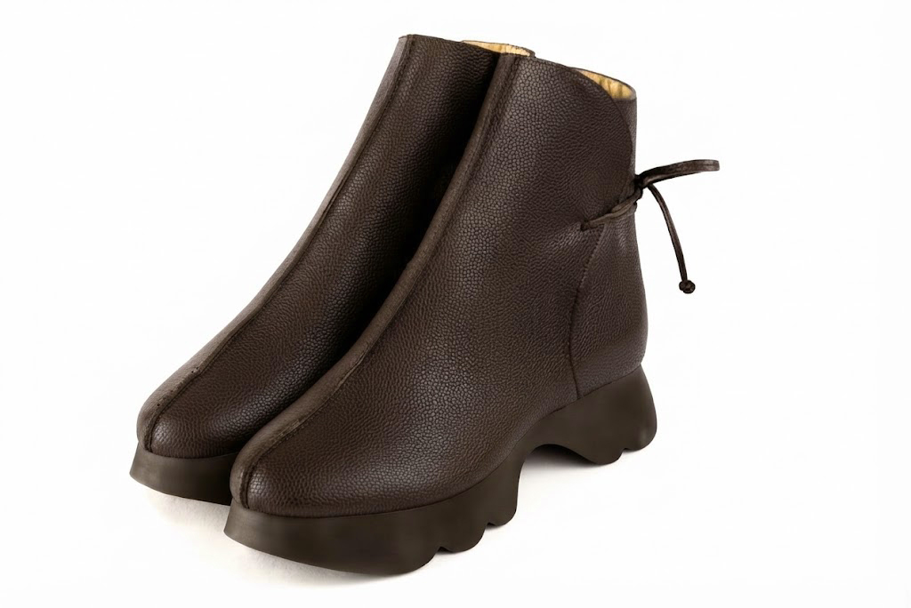 Bottines à laçage arrière pour femme en cuir marron foncé avec bout rond et semelle épaisse et sculpturale en gomme - Vue avant