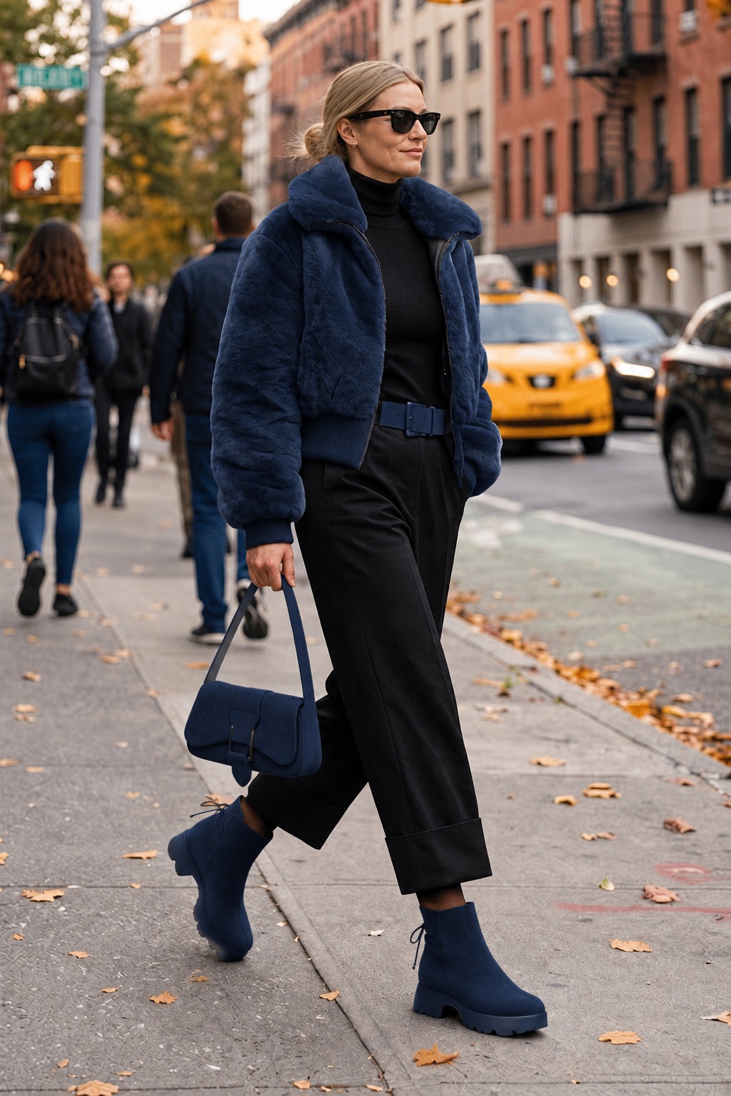 Bottines à laçage arrière pour femme en cuir bleu marine avec bout rond et semelle épaisse et sculpturale en gomme - Vue porté