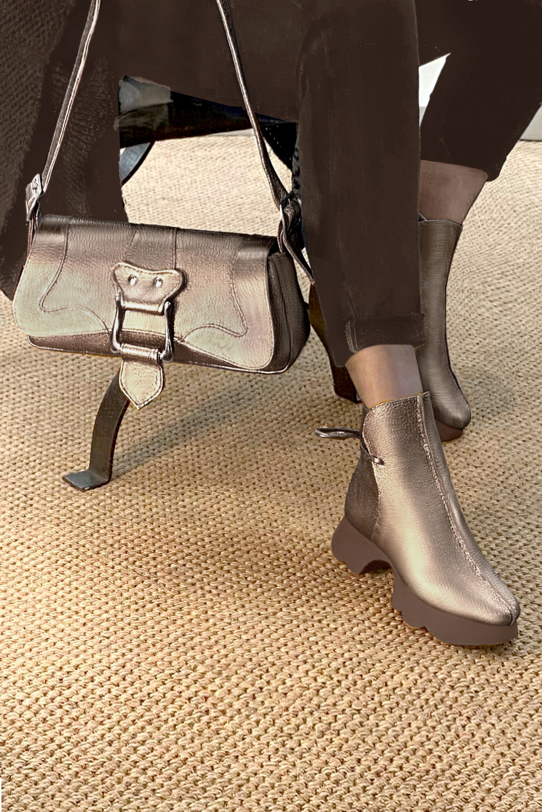 Boots femme : Bottines lacets à l'arrière couleur beige mastic. Bout rond. Semelle gomme petit talon. Vue du dessus - Florence KOOIJMAN
