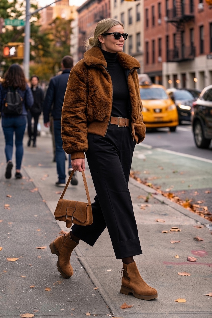 Bottines à laçage arrière pour femme en cuir cognac avec bout rond et semelle épaisse et sculpturale en gomme - Vue porté
