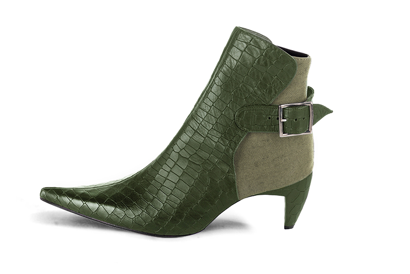 Bottines élégantes et raffinées avec des boucles à l'arrière, coloris vert bouteille. Bout pointu. Mi-haut à haut. Talon virgule. Personnalisation : Choix des cuirs, des couleurs et des talons. Cou-de-pied sur mesure. - Florence KOOIJMAN