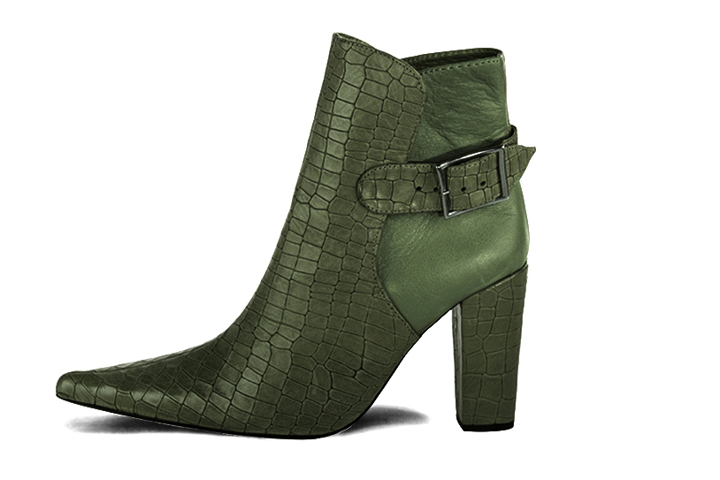 Boots femme : Boots avec des boucles à l'arrière couleur vert bouteille. Bout pointu. Talon haut bottier. Vue de profil - Florence KOOIJMAN