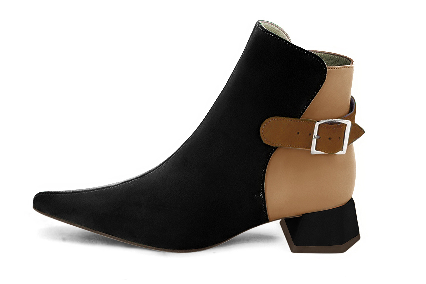 Bottines élégantes et raffinées avec des boucles à l'arrière, coloris noir mat, beige camel et marron caramel. Bout pointu. Mi-haut. Talon évasé. Personnalisation : Choix des cuirs, des couleurs et des talons. Cou-de-pied sur mesure. - Florence KOOIJMAN