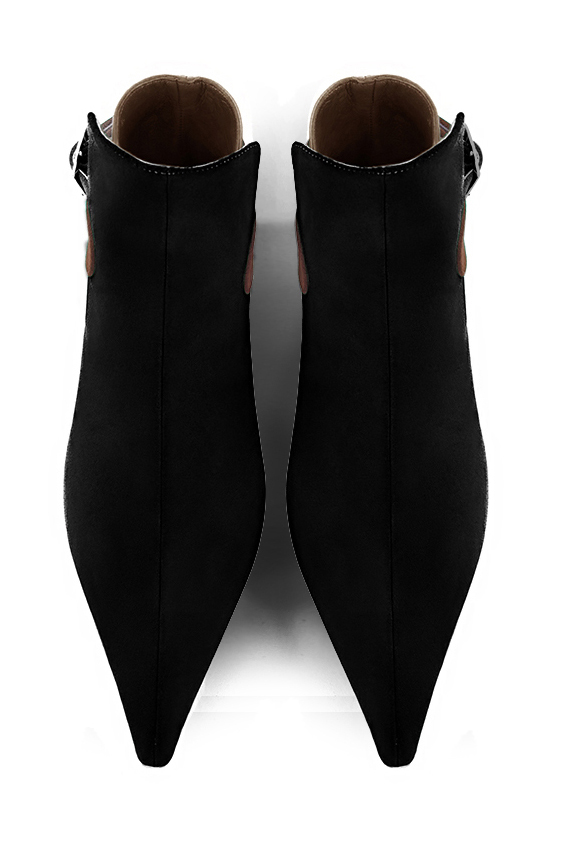 Bottines élégantes et raffinées avec des boucles à l'arrière, coloris noir mat, beige camel et marron caramel. Bout pointu. Mi-haut. Talon évasé. Personnalisation : Choix des cuirs, des couleurs et des talons. Cou-de-pied sur mesure. - Florence KOOIJMAN
