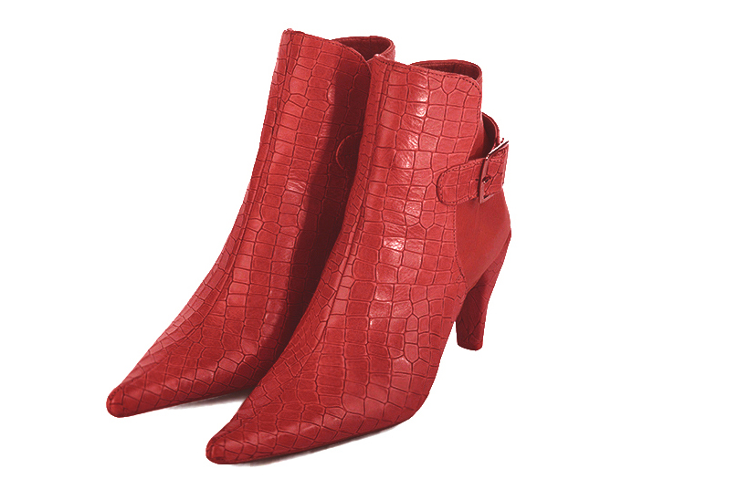 Boots femme : Boots avec des boucles à l'arrière couleur rouge coquelicot. Bout pointu. Talon haut fin Vue avant - Florence KOOIJMAN