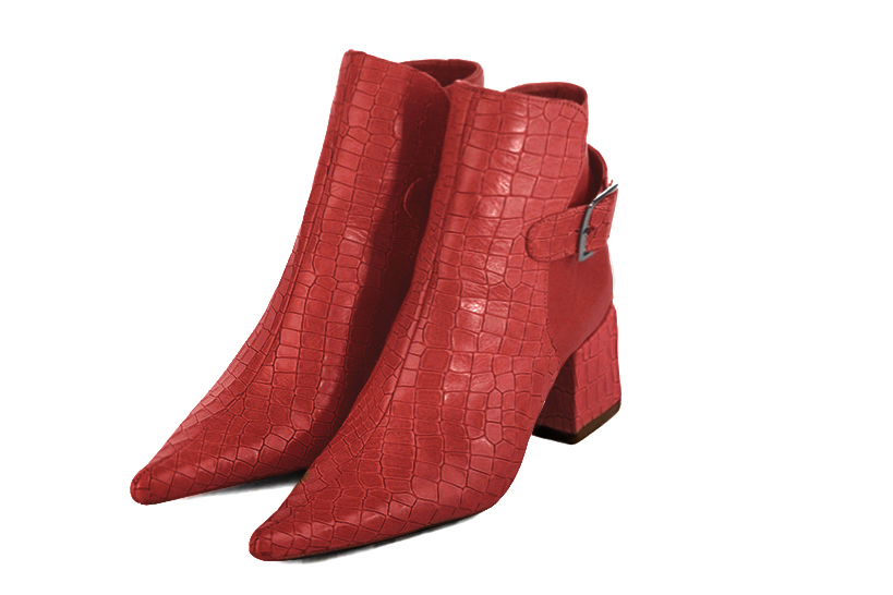Boots femme : Boots avec des boucles à l'arrière couleur rouge coquelicot. Bout pointu. Talon mi-haut bottier Vue avant - Florence KOOIJMAN