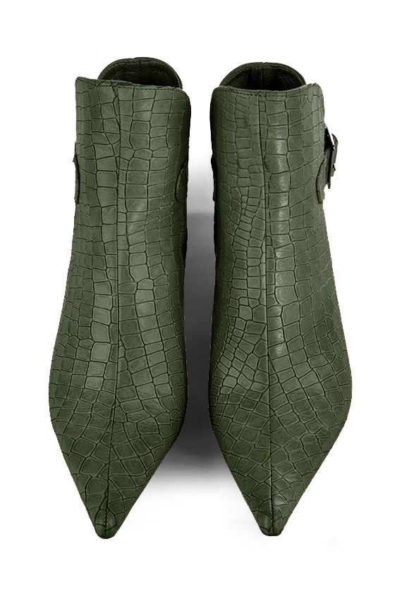 Bottines femme boucles à l'arrière vert bouteille et vert kaki. Bout pointu. Talon virgule de 5.5 cm - Vue du dessus