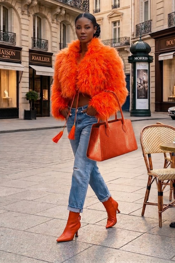 Bottines habillées femme boucles arrière en cuir orange clémentine à talon bobine de 7.5 cm et bout pointu - Vue porté