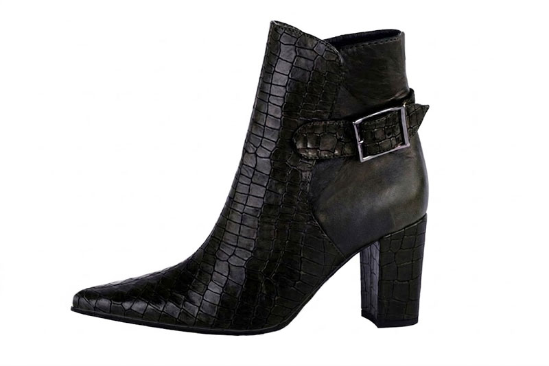 Bottines habillées femme boucles arrière en cuir noir satiné à talon bottier de 8.5 cm et bout pointu - Vue de profil