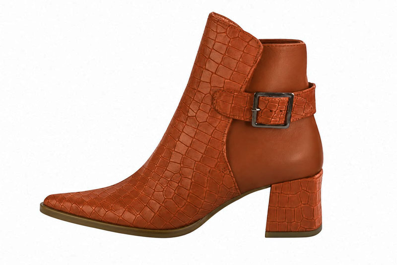 Bottines habillées femme boucles arrière en cuir orange corail et pêche à talon virgule de 5.5 cm et bout pointu - Vue de profil