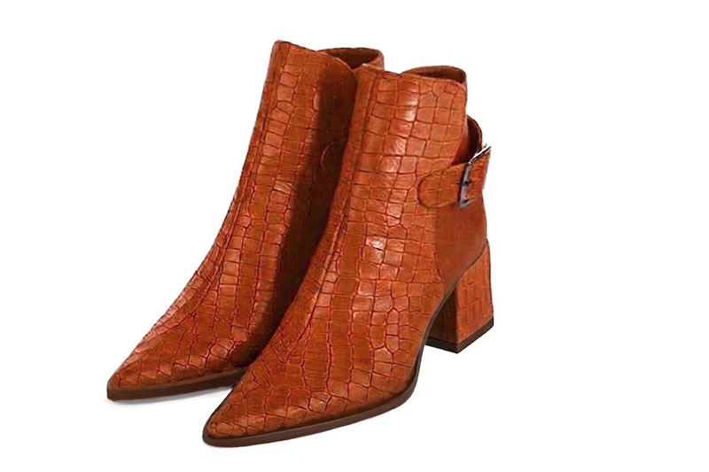 Bottines habillées femme boucles arrière en cuir orange corail et pêche à talon virgule de 5.5 cm et bout pointu - Vue avant