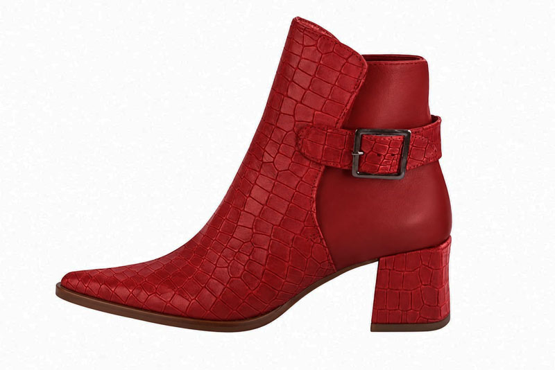 Bottines habillées femme boucles arrière en cuir rouge coquelicot à talon bottier de 5.5 cm et bout pointu - Vue de profil