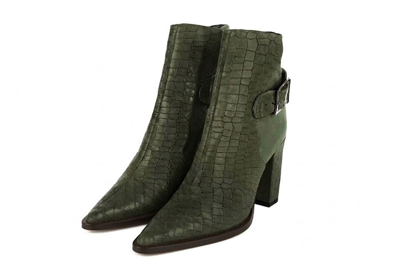 Bottines habillées femme boucles arrière en cuir vert sapin à talon bottier de 8.5 cm et bout pointu - Vue avant