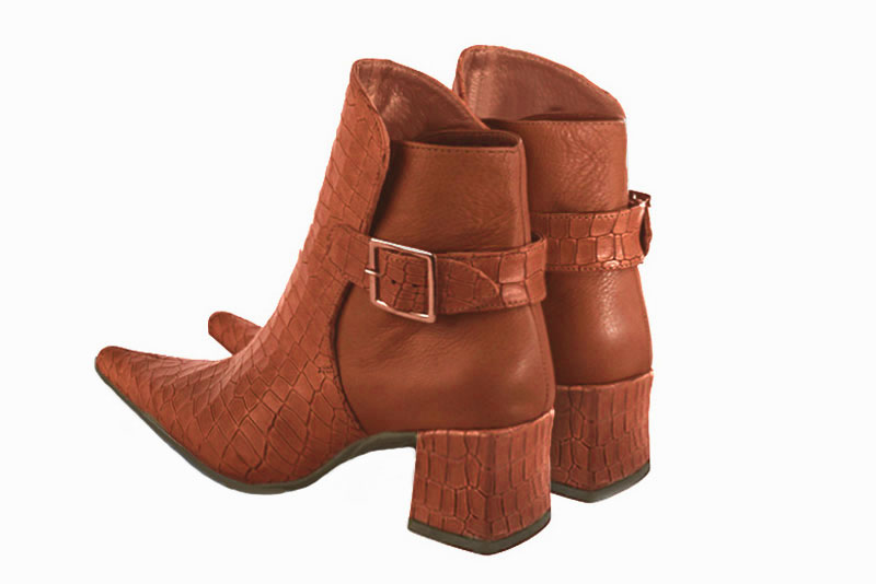 Bottines habillées femme boucles arrière en cuir orange corail et pêche à talon virgule de 5.5 cm et bout pointu - Vue arrière