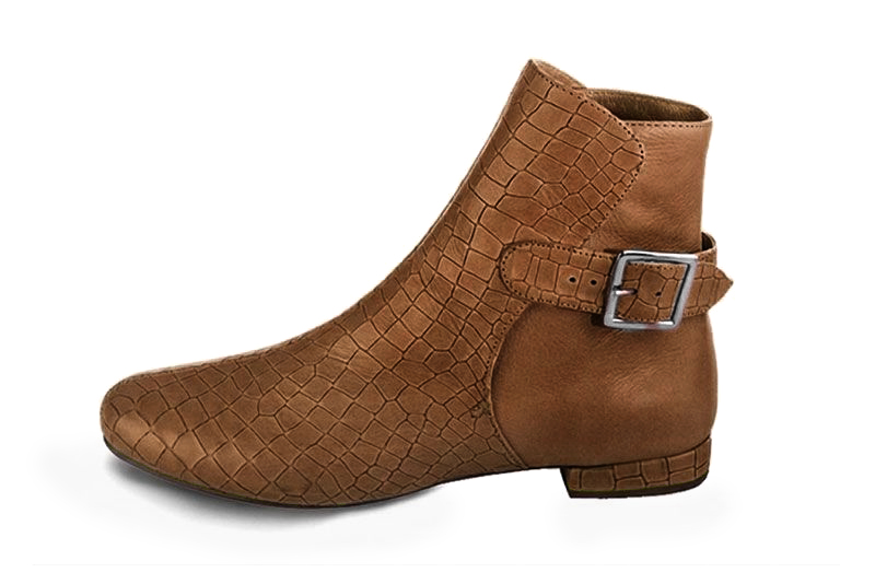 Bottines bride boucle sur l'arrière pour femme en cuir cognac avec bout rond et talon bottier plat - Vue de profil