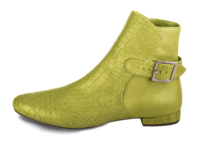 Boots femme : Boots avec des boucles à l'arrière couleur vert pistache. Bout rond. Talon plat bottier. Vue de profil - Florence KOOIJMAN