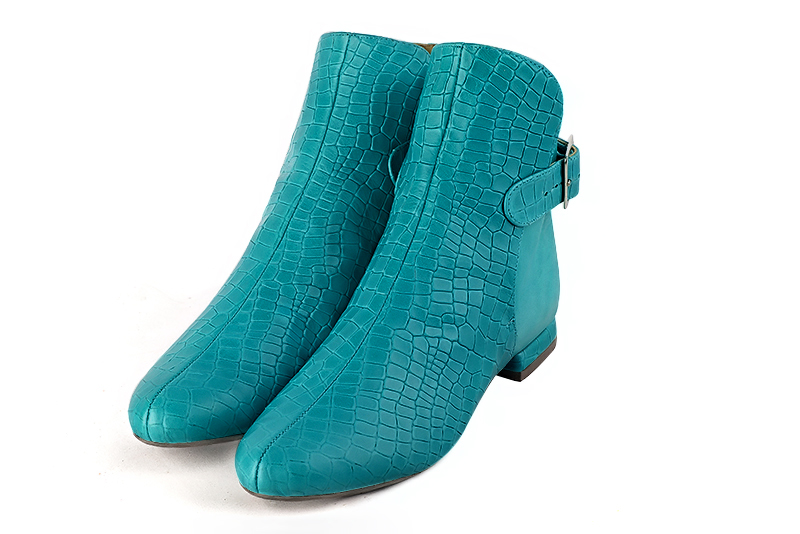Boots femme : Boots avec des boucles à l'arrière couleur bleu turquoise. Bout rond. Talon plat bottier Vue avant - Florence KOOIJMAN