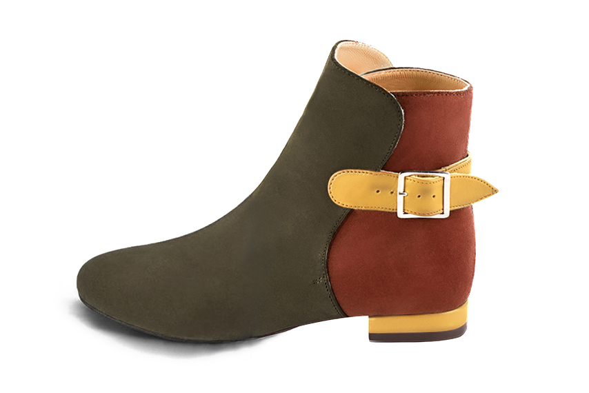 Bottines bride boucle sur l'arrière pour femme en cuir kaki, terracotta et jaune moutarde avec bout rond et talon bottier plat - Vue de profil