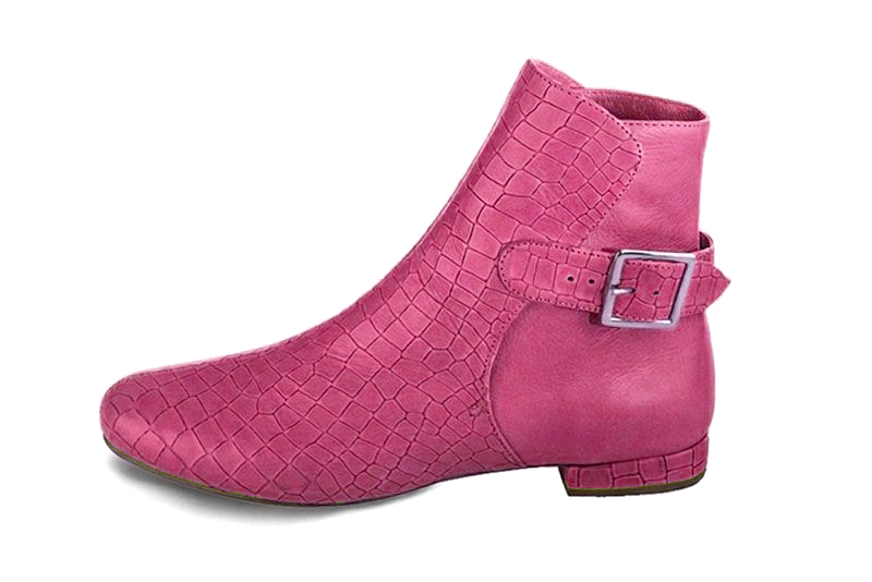 Bottines bride boucle sur l'arrière pour femme en cuir fuchsia avec bout rond et talon bottier plat - Vue de profil