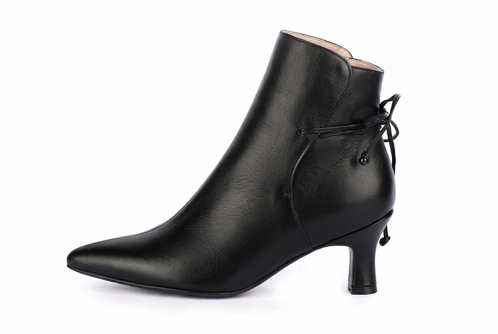 Bottines à laçage arrière pour femme en cuir noir avec bout effilé et talon bobine de 6 cm - Vue de profil