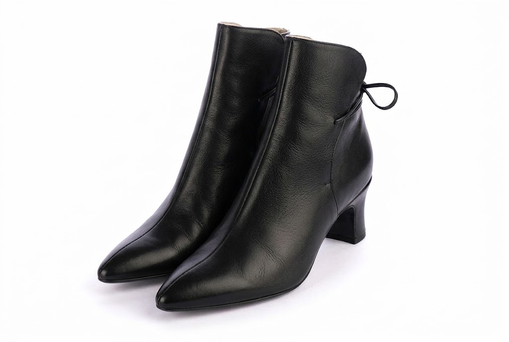 Bottines à laçage arrière pour femme en cuir noir avec bout effilé et talon bobine de 6 cm - Vue avant