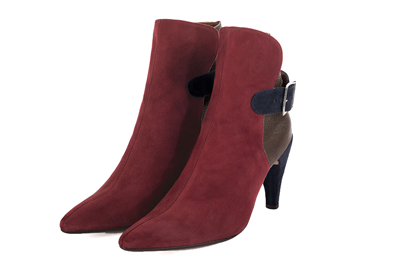 Bottines élégantes et raffinées avec des boucles à l'arrière, coloris rouge bordeaux et bleu marine. Bout effilé. Haut. Talon fin. Personnalisation : Choix des cuirs, des couleurs et des talons. Cou-de-pied sur mesure. - Florence KOOIJMAN